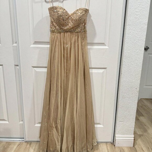 La Femme Gold Dress Flare Sequence Bling Prom Wedding Size 6 Fancy Luxury Pretty - Picture 4 of 15